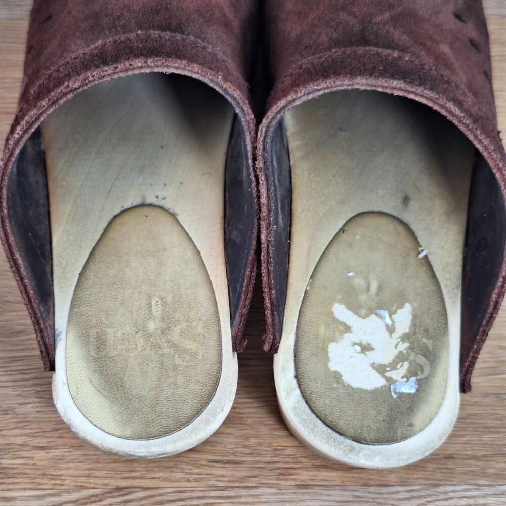 Sven Women's EU 40 Slip-On Suede Clogs Brown Leaf Punch Detail Leather Lined - Picture 10 of 13